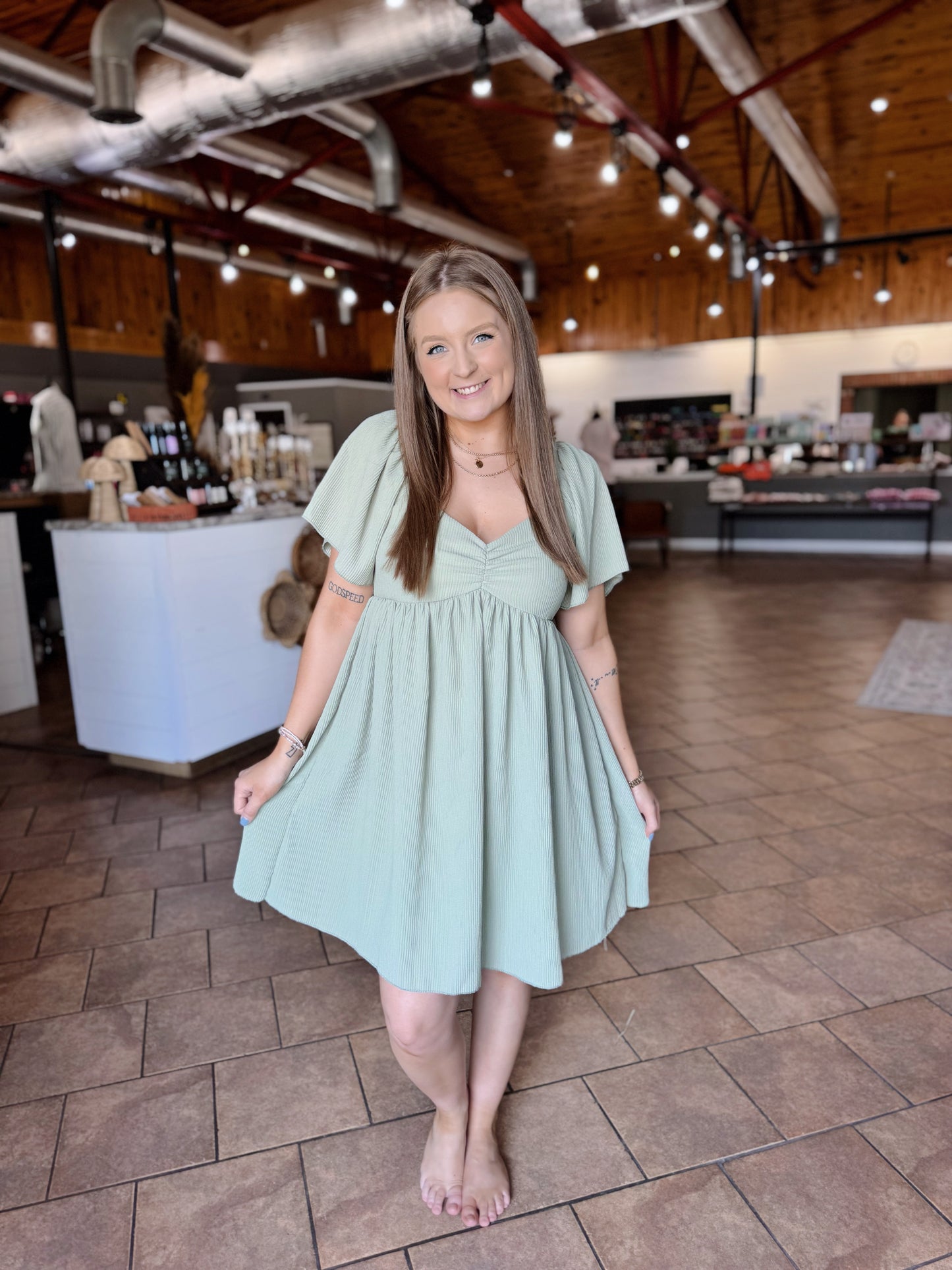 Olive Urban Ribbed Flutter Sleeve Dress
