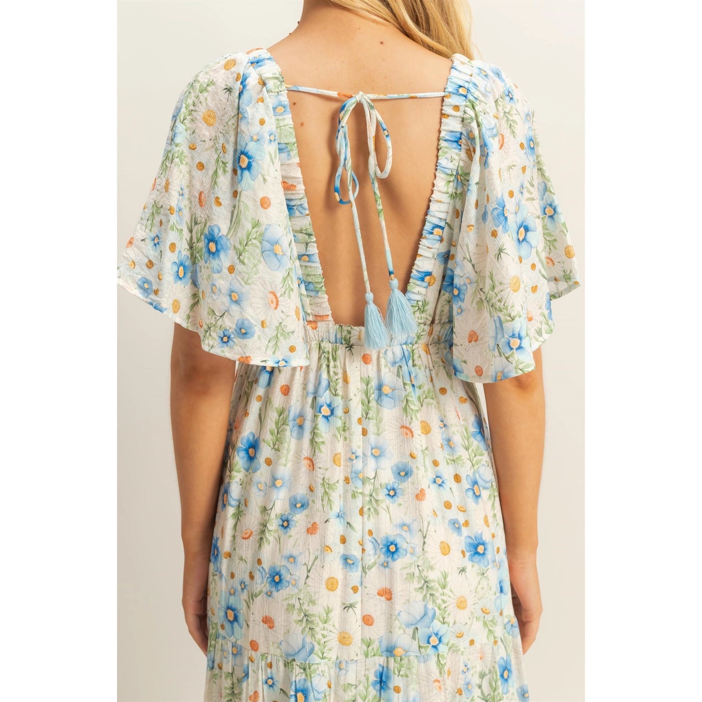 Cream Floral Flounce Sleeve Maxi Dress