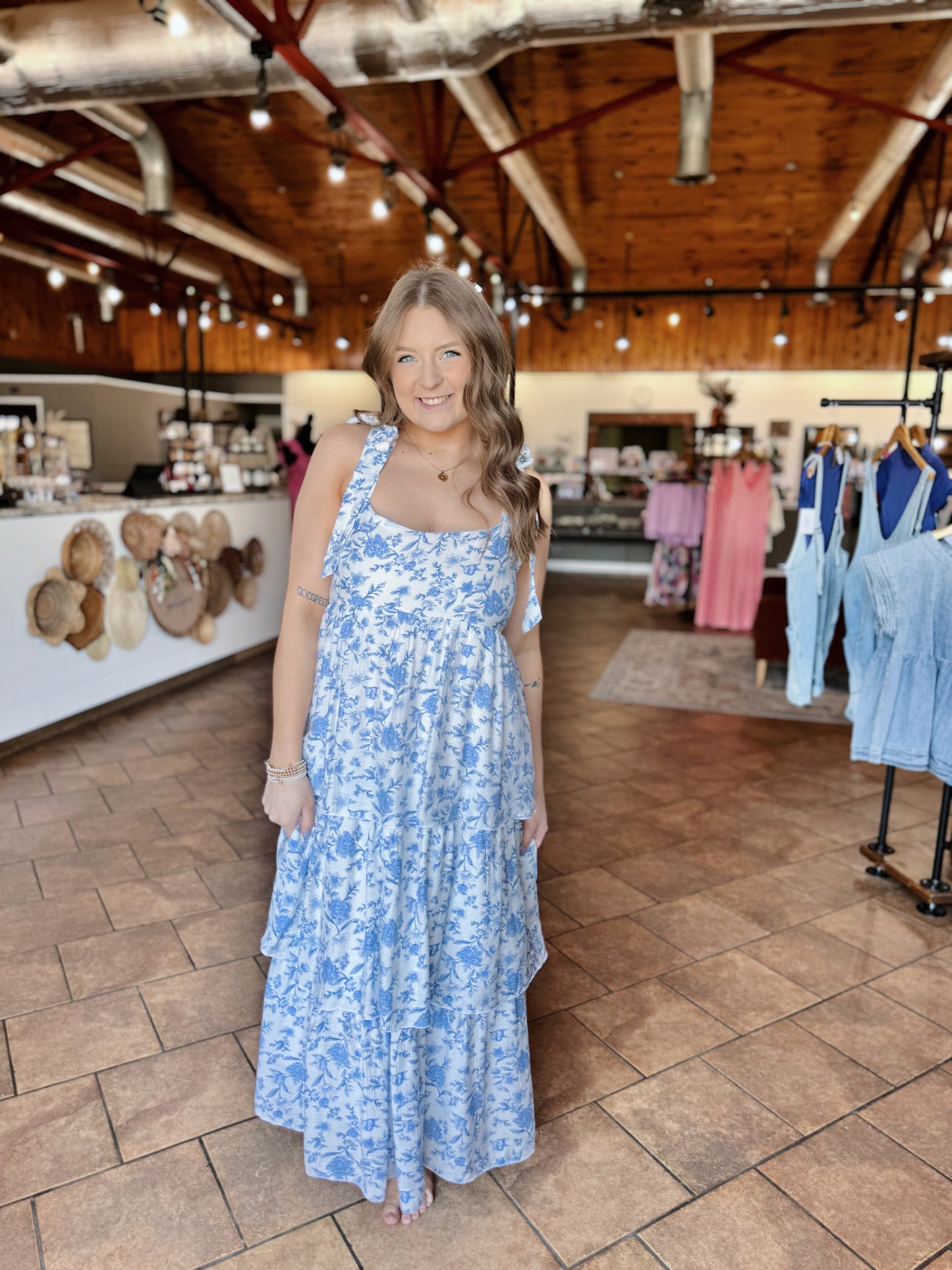 Blue Floral Tiered Midi Dress