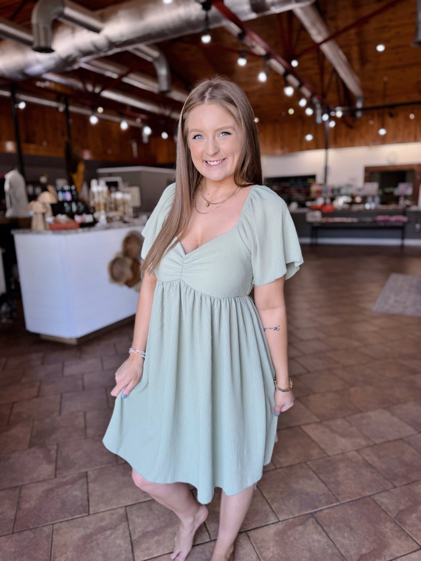 Olive Urban Ribbed Flutter Sleeve Dress