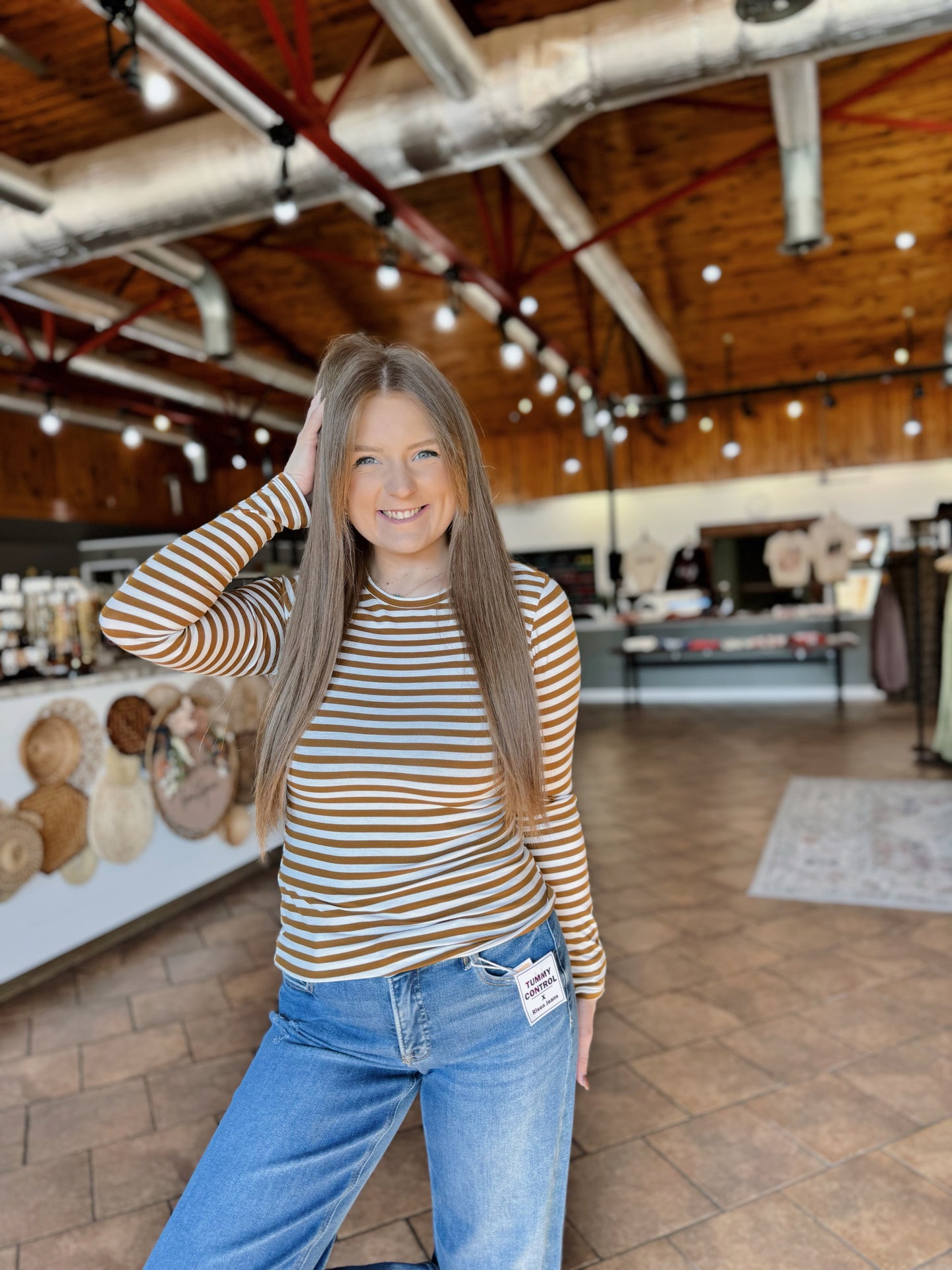 Camel Striped Long Sleeve Top