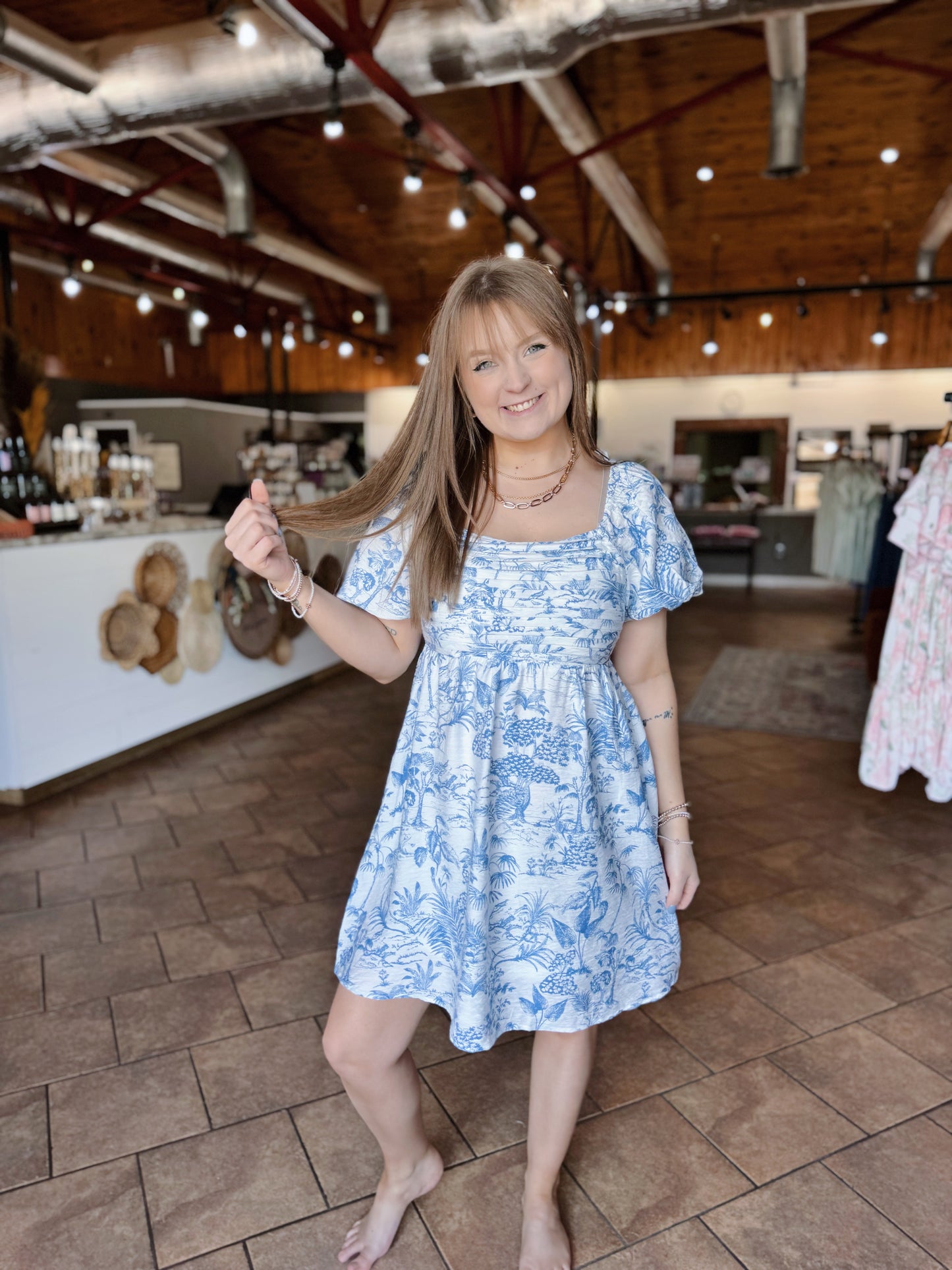 Blue Botanical Print Dress