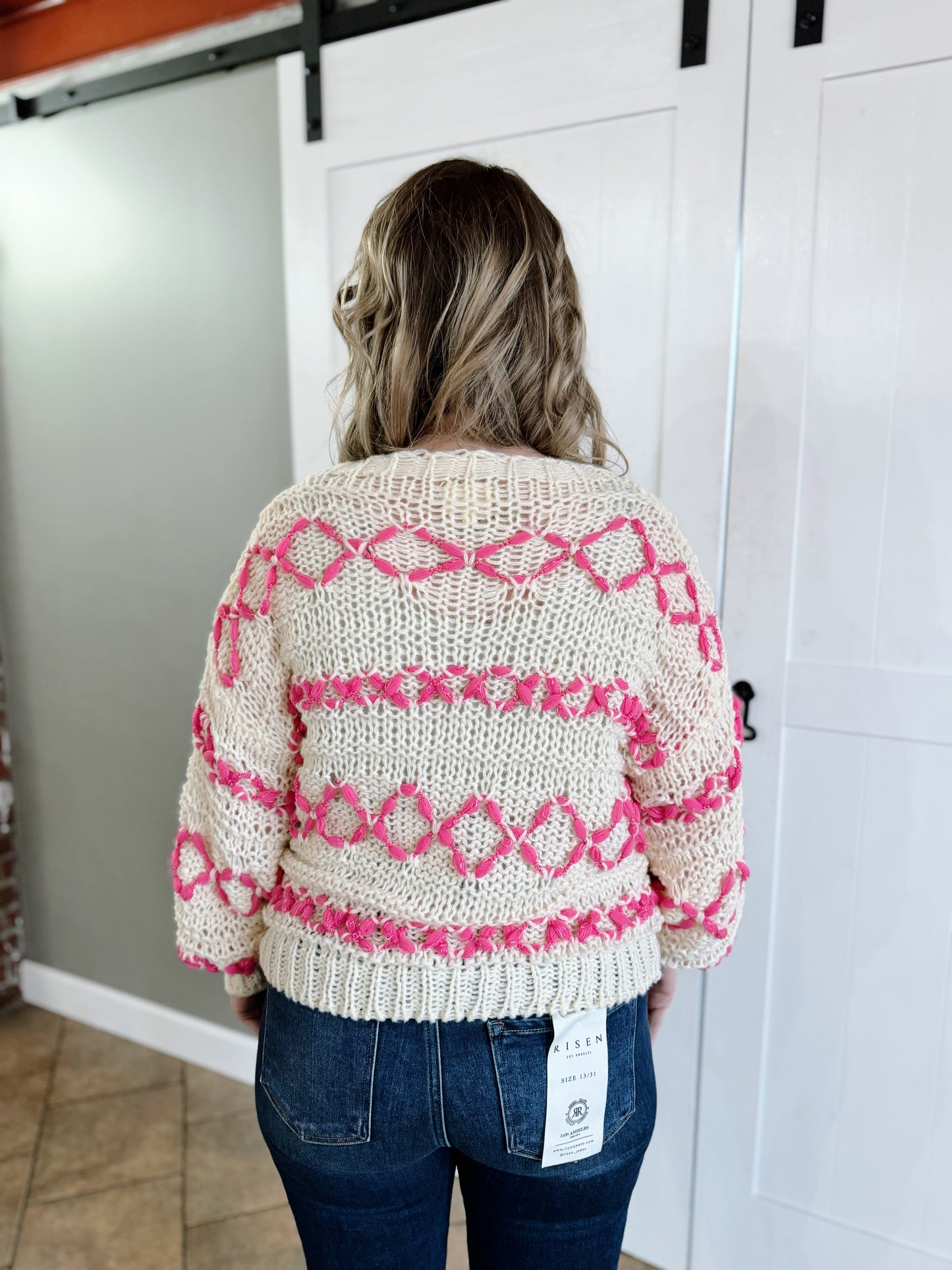Cream Neon Pink Threaded Crocheted Top