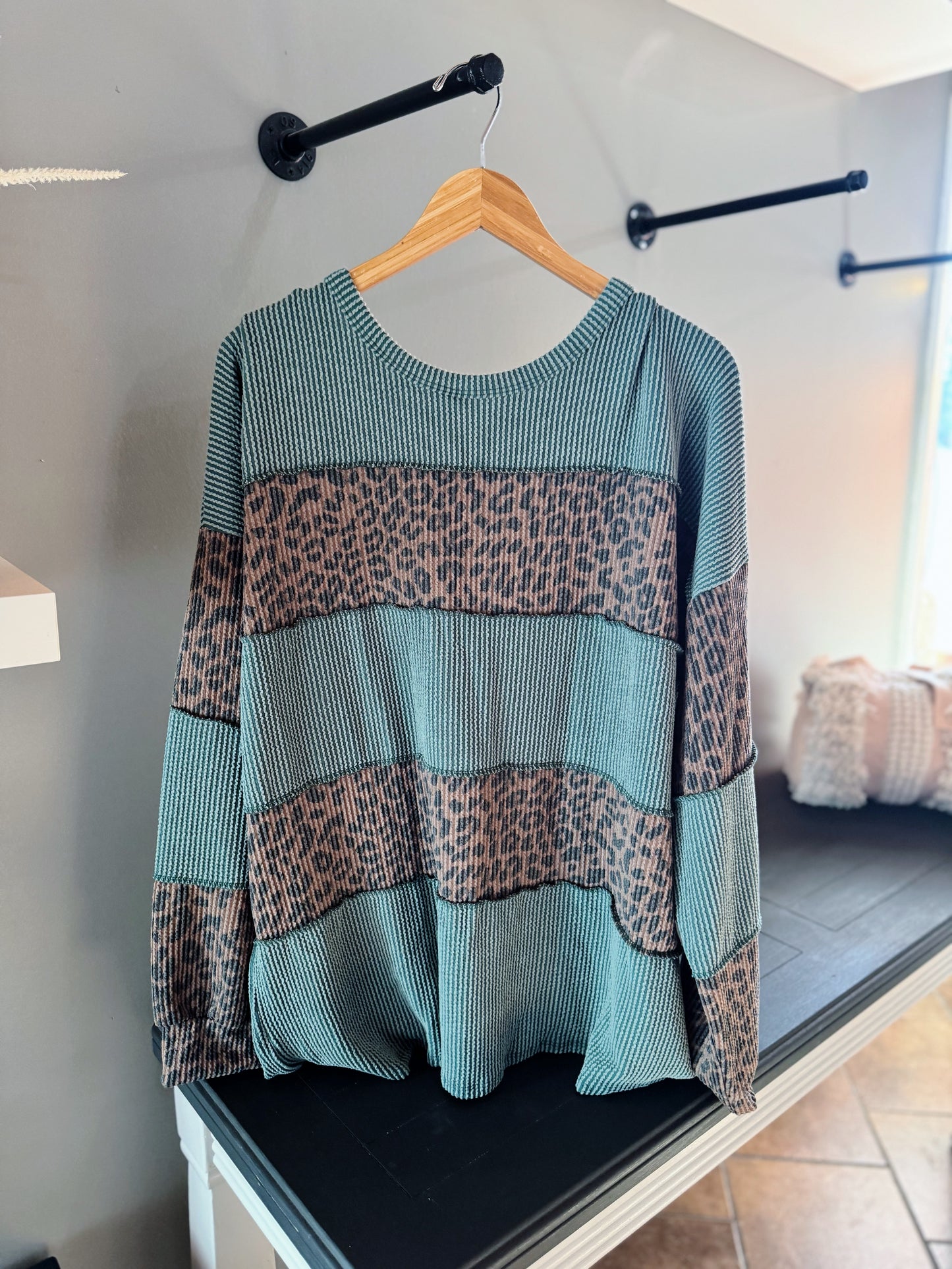 Curvy Olive Ribbed Leopard Contrast Top
