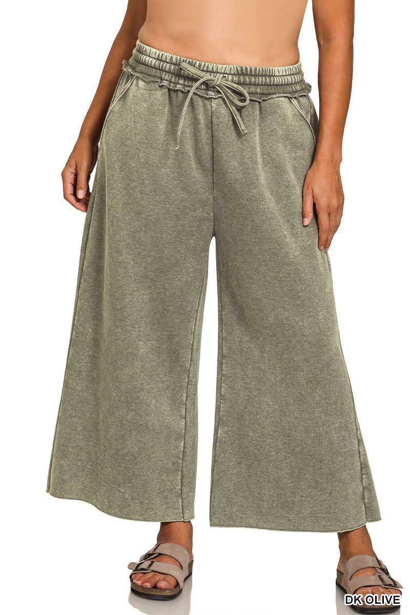 Curvy Olive Acid Wash Cropped Pants