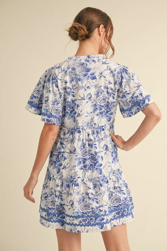 Blue Printed Flounce Sleeve Dress