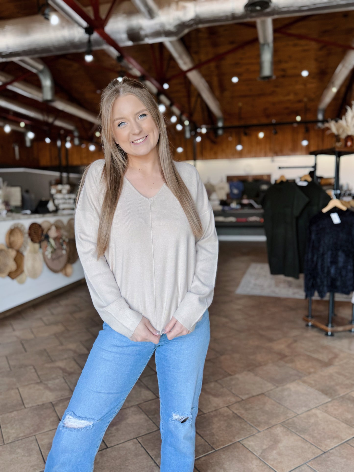 Oatmeal Solid Front Seam Sweater