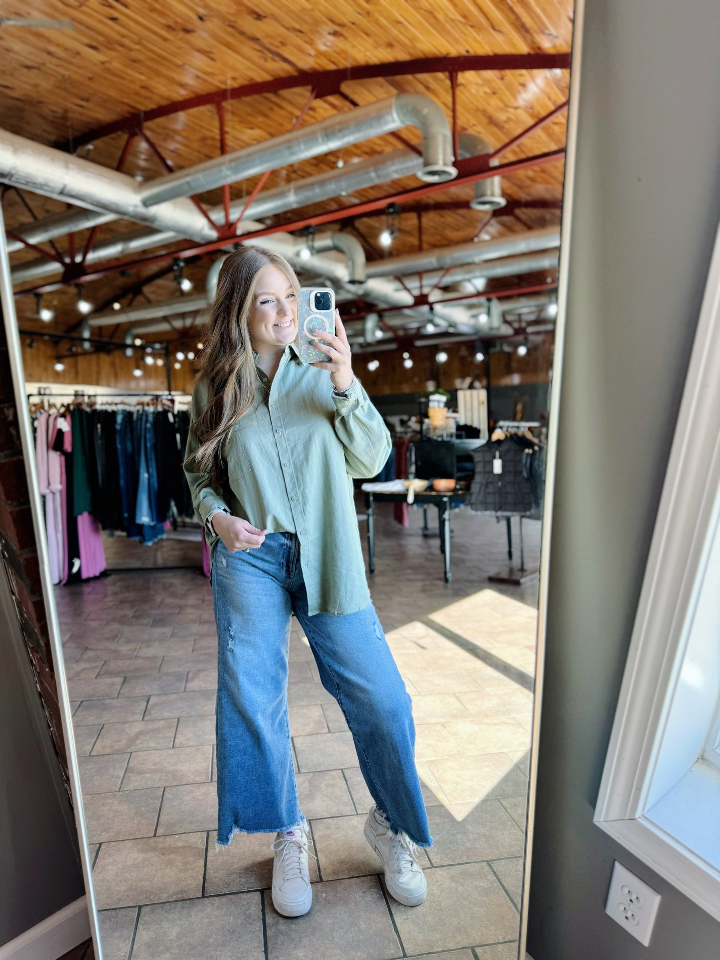 Curvy Olive Oversized Linen Button up Top