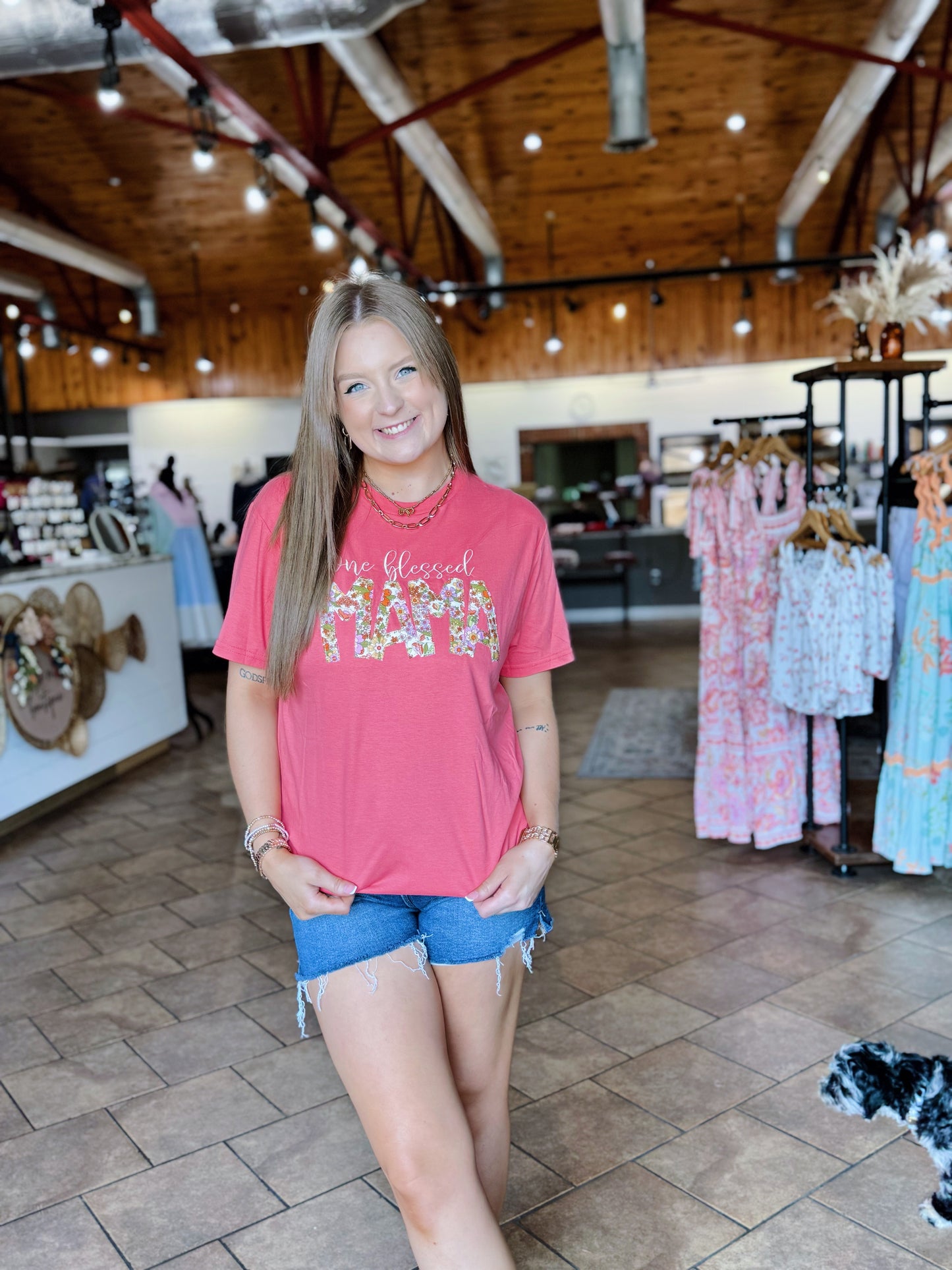 Coral Blessed Mama Embroidered Tee