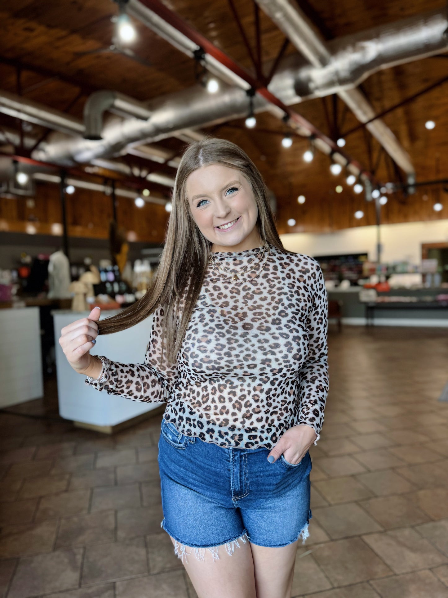 Leopard Mesh Long Sleeve Top