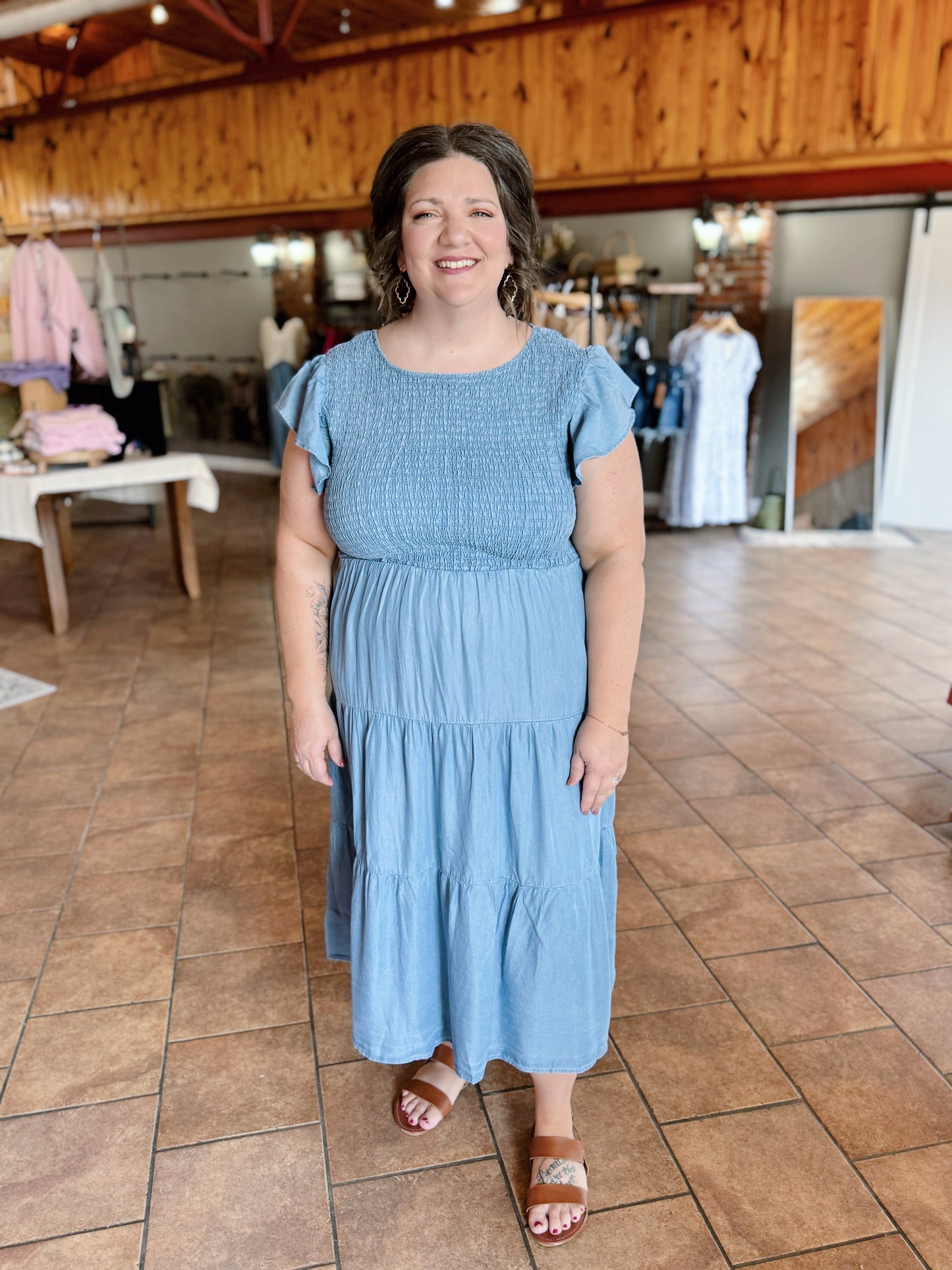 Curvy Chambray Smocked Midi Dress