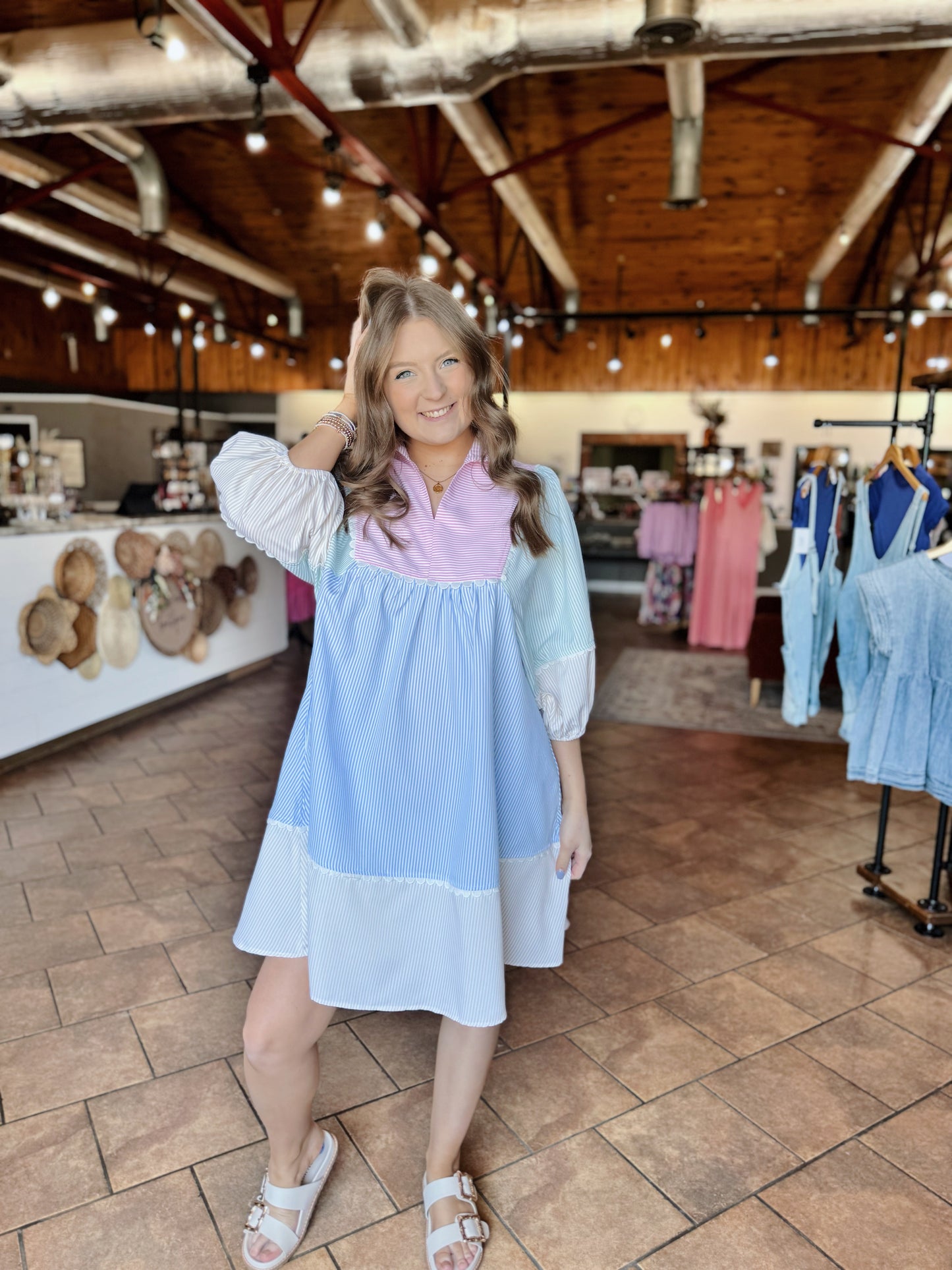 Pastel Color Block Puff Sleeve Dress