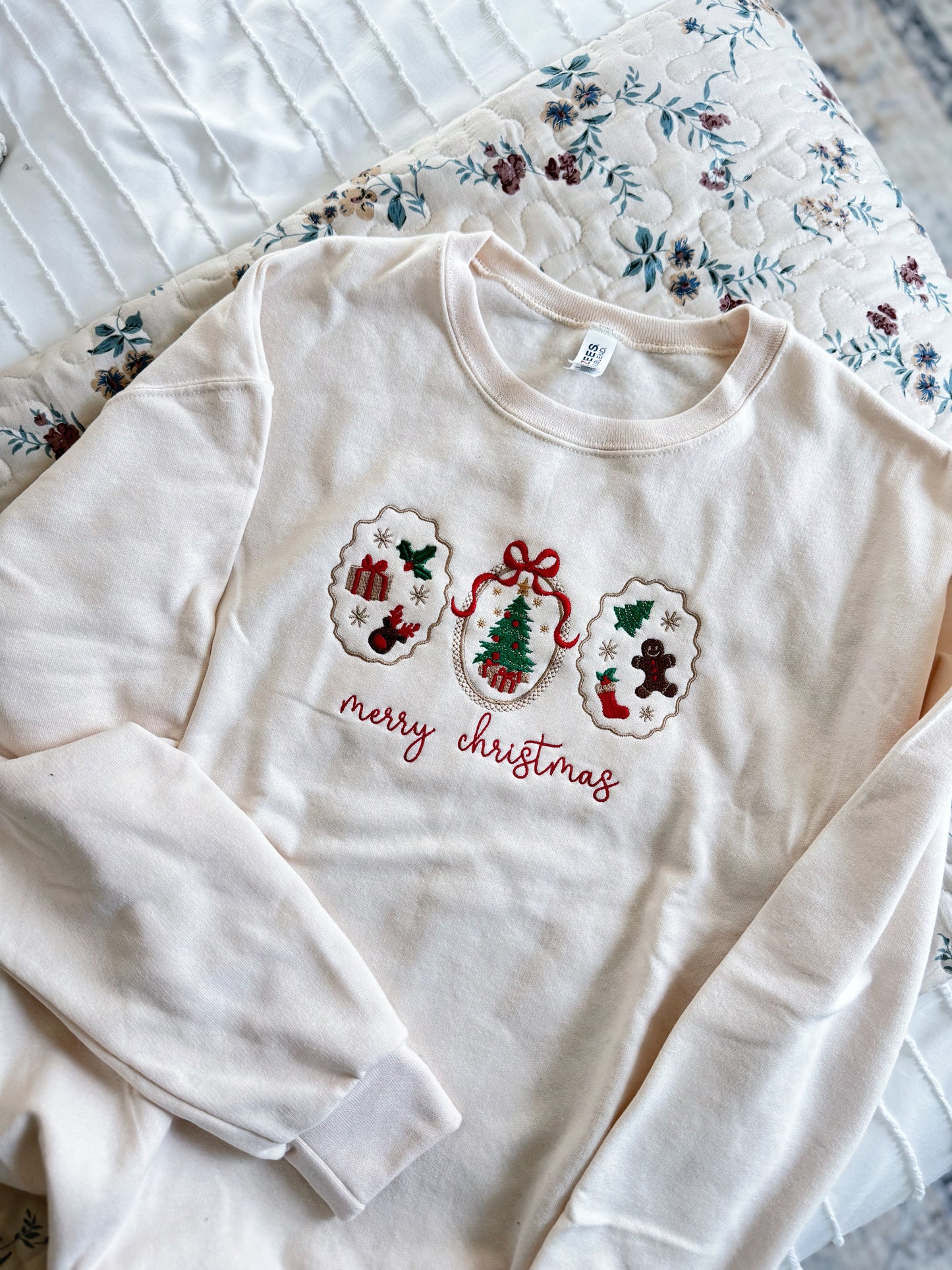 Cream Embroidered Christmas Crewneck