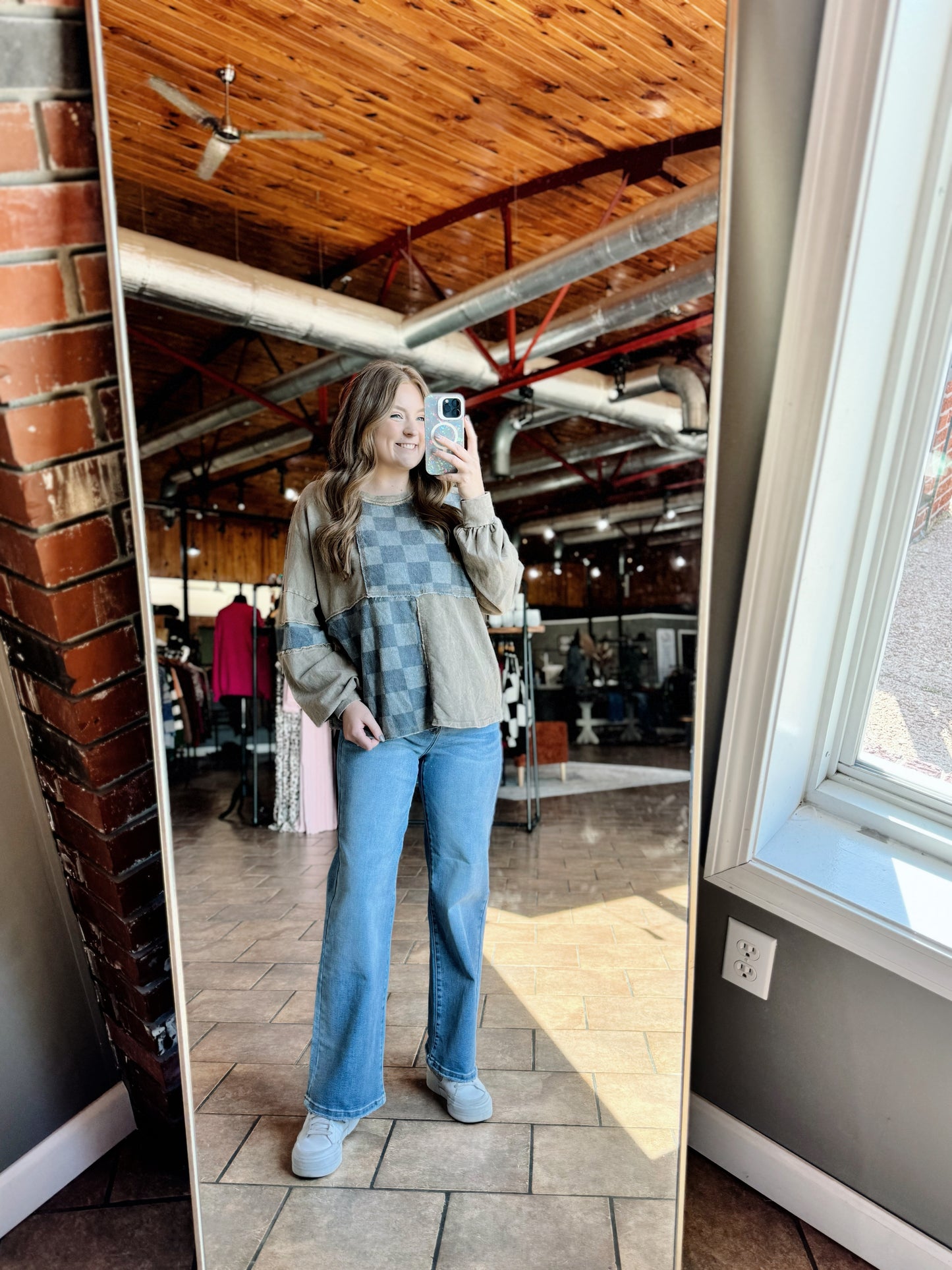 Vintage Olive Checkered Color Block Top