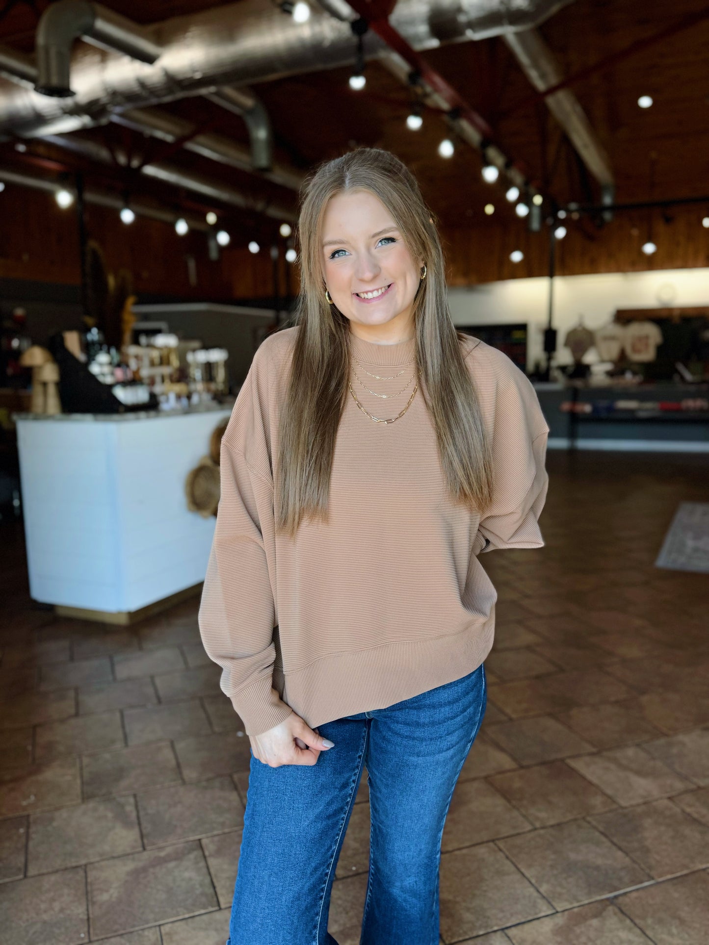 Camel Ribbed Balloon Sleeve Sweater