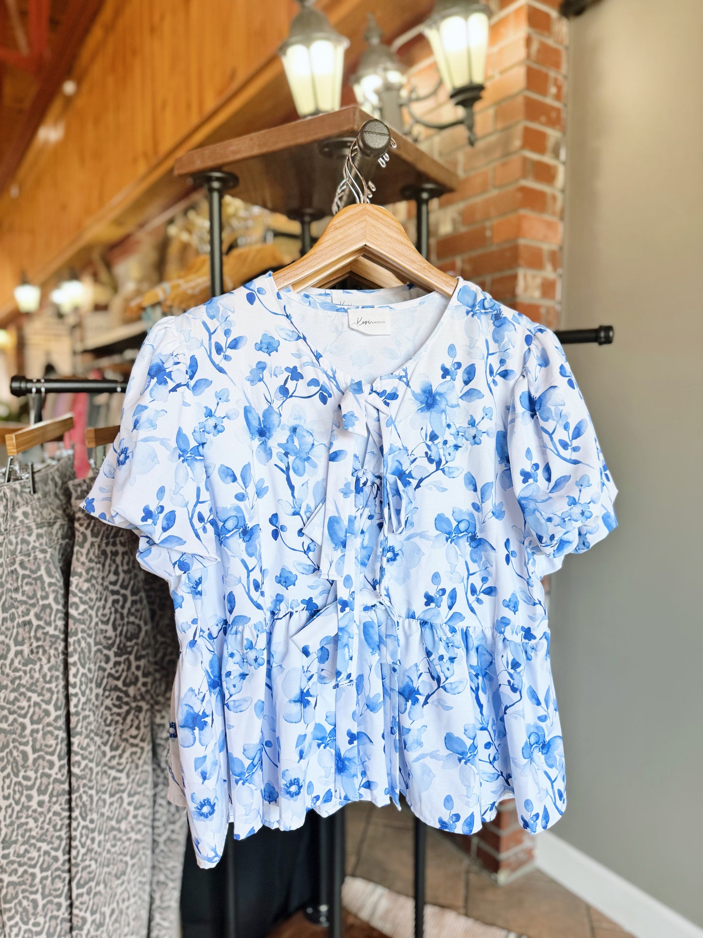 Curvy Blue Floral Front Bow Top