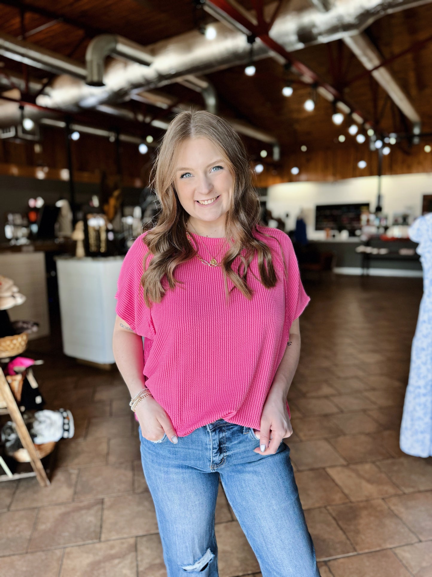 Pink Ribbed Out Seam Top