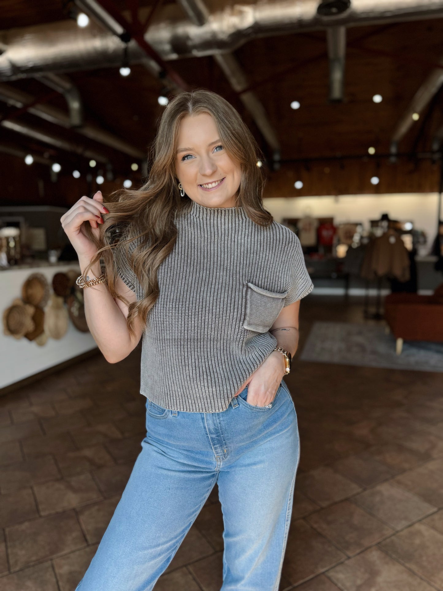 Mocha Acid Wash Cropped Sweater Vest