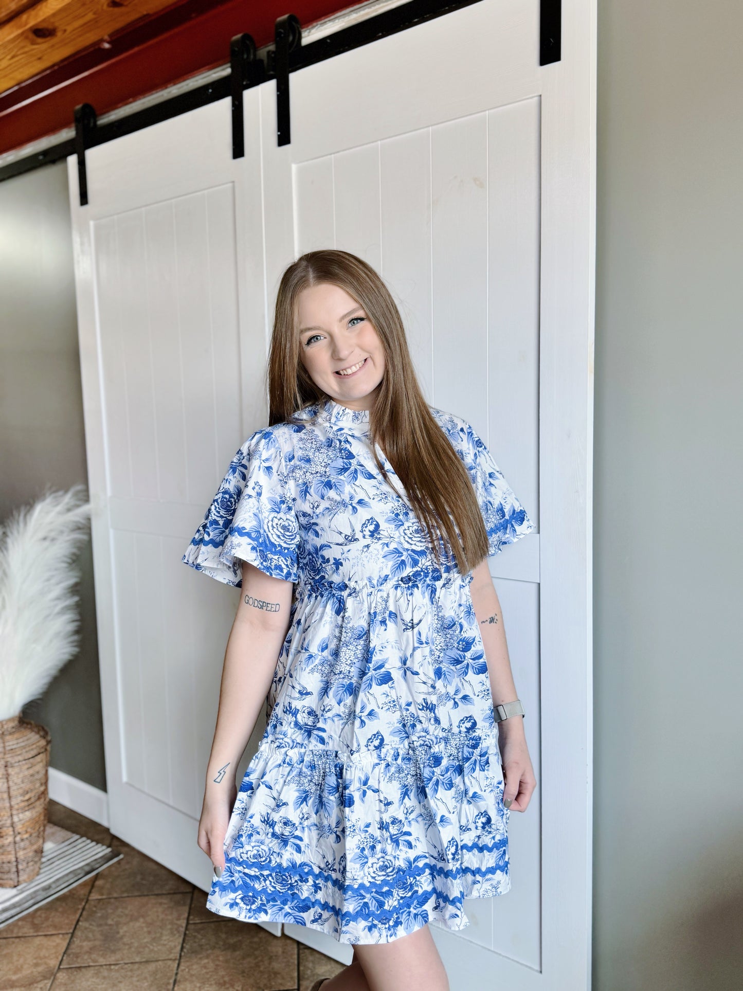 Blue Printed Flounce Sleeve Dress