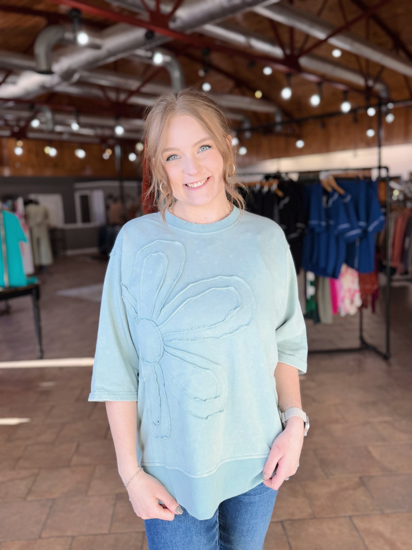 Sage Daisy Embellished Top