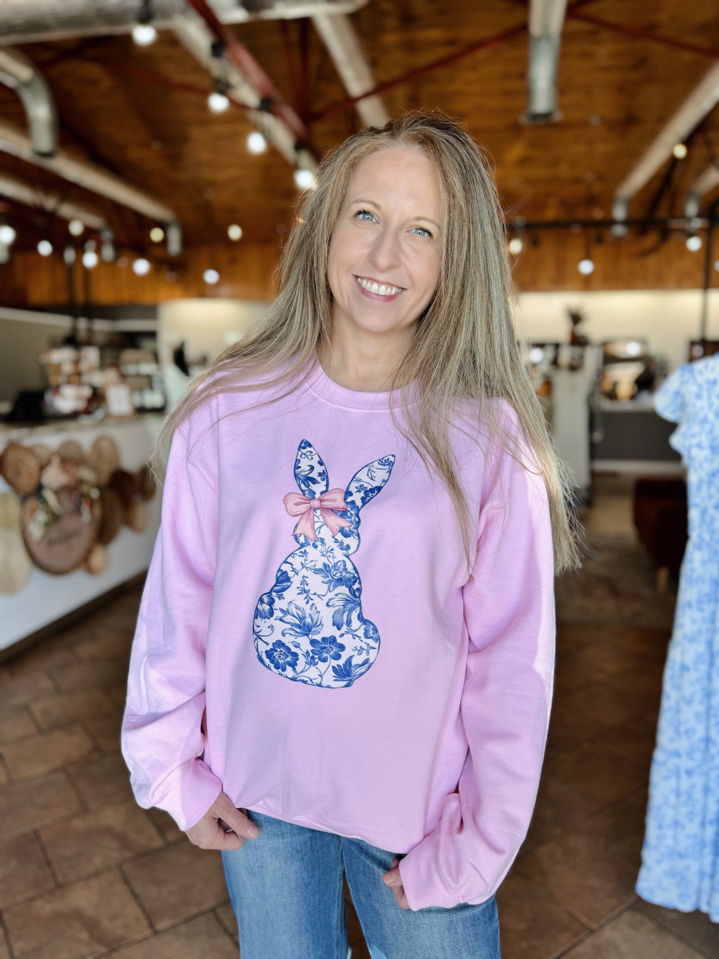 Pink Blue Toile Bunny Crewneck