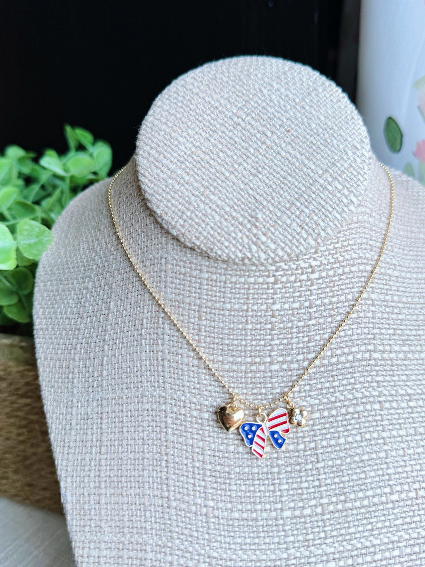 Patriotic Enamel Bow Charm Necklace