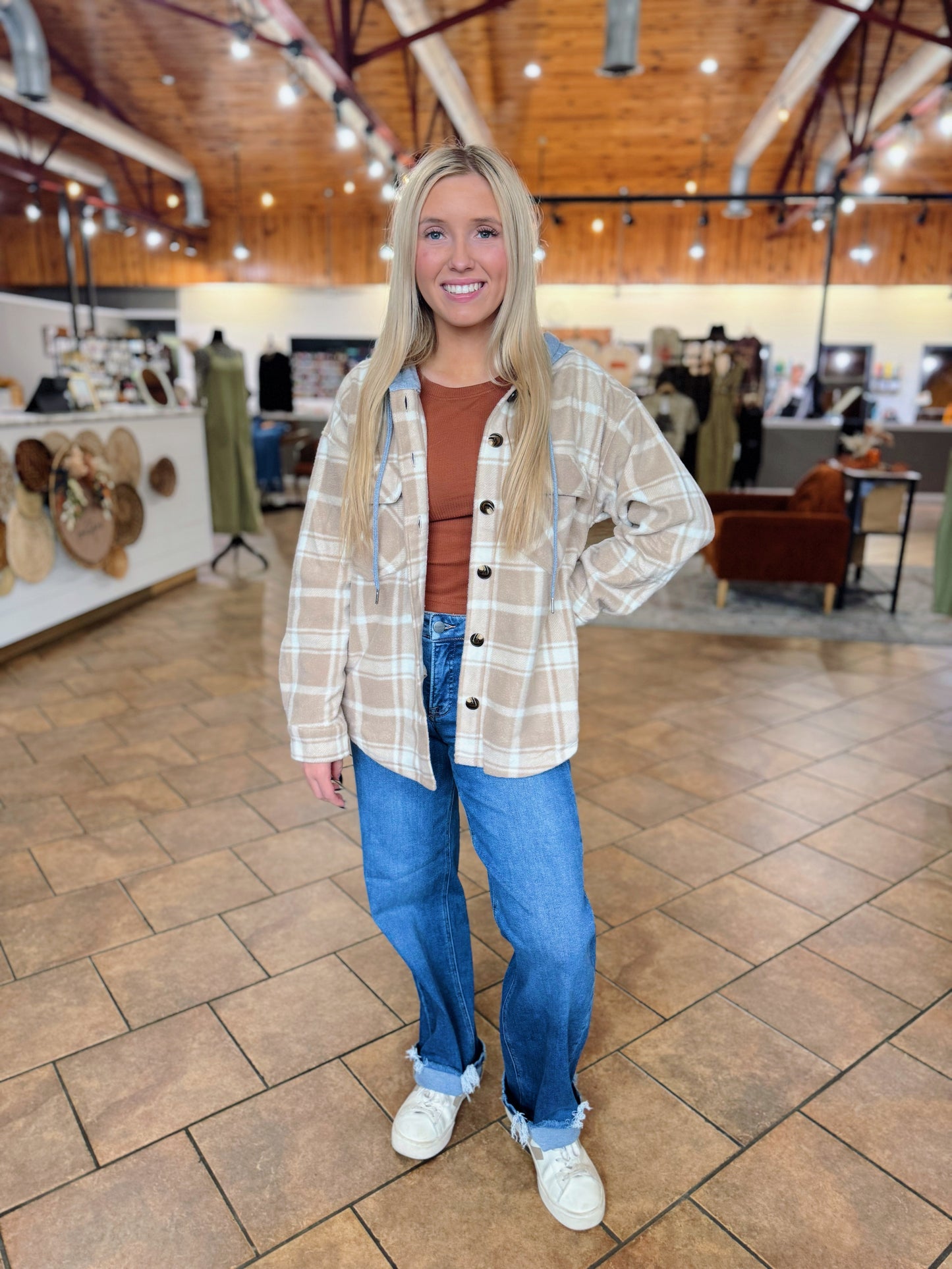 Mocha Plaid Fleece Hooded Shacket