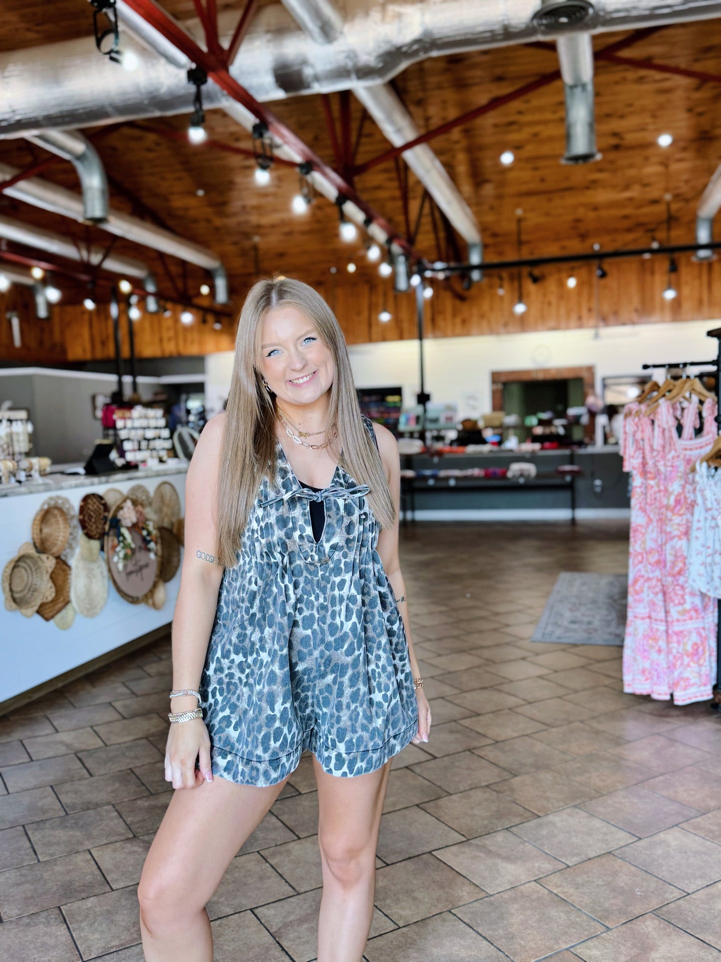 Leopard Denim Pleated Romper