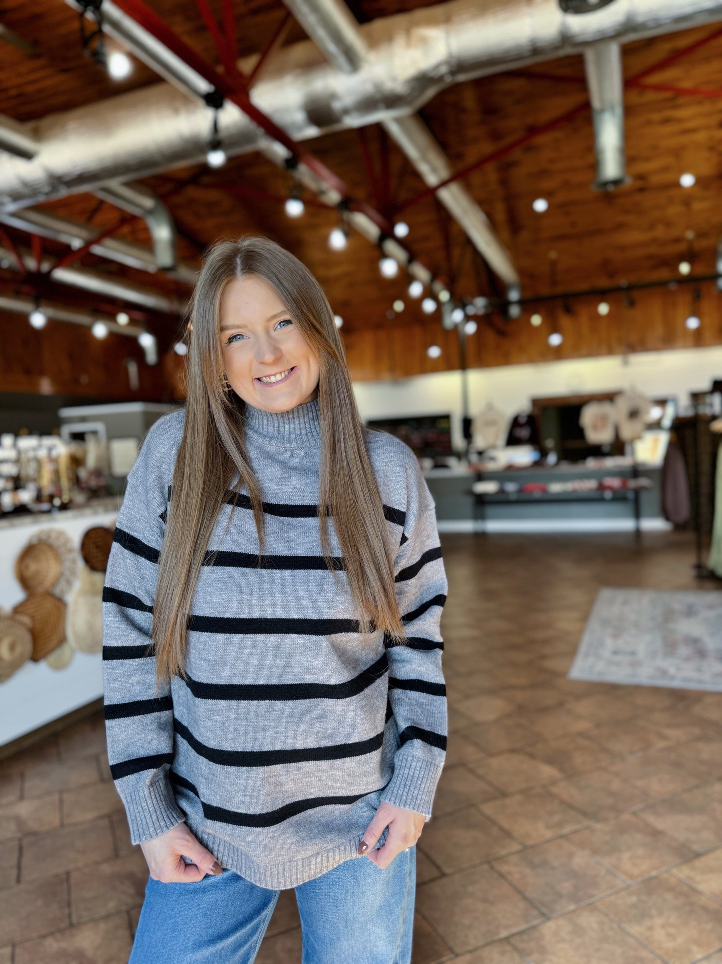 Charcoal Striped Mock Neck Sweater