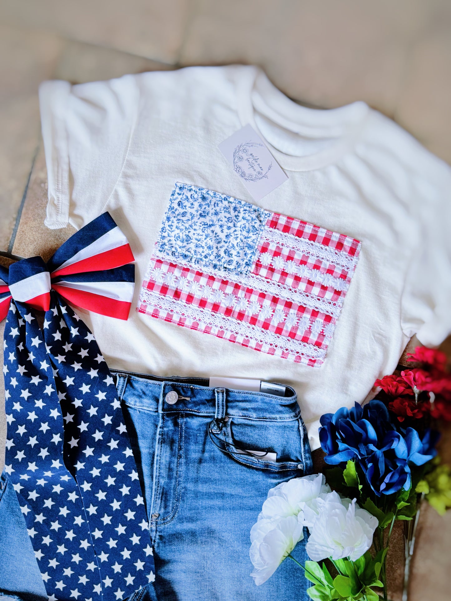 Cream Embroidered Flag Tee