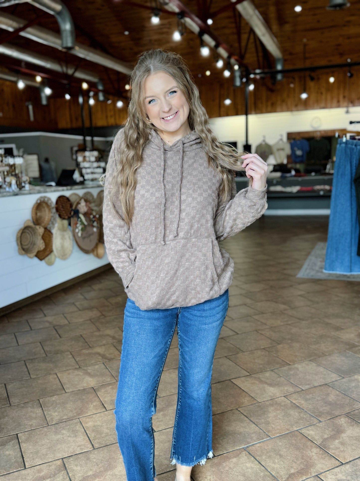 Mocha Checkered Hooded Top