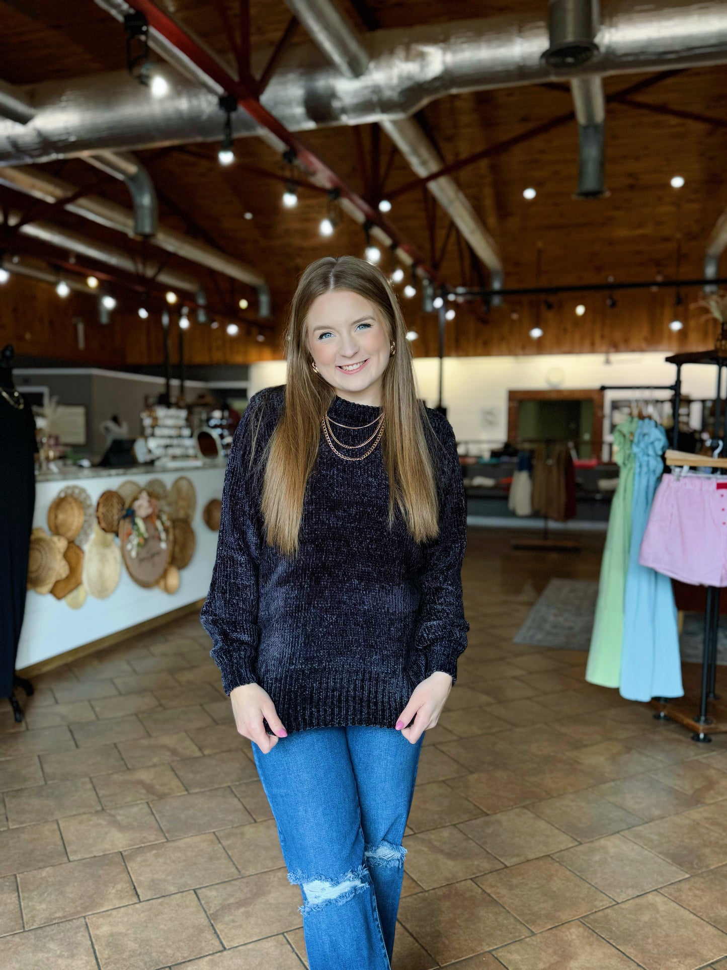 Black Chenille Balloon Sleeve Sweater