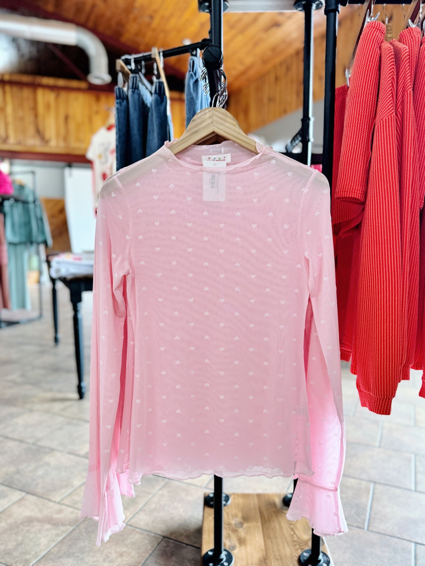 Pink Heart Detail Mesh Top