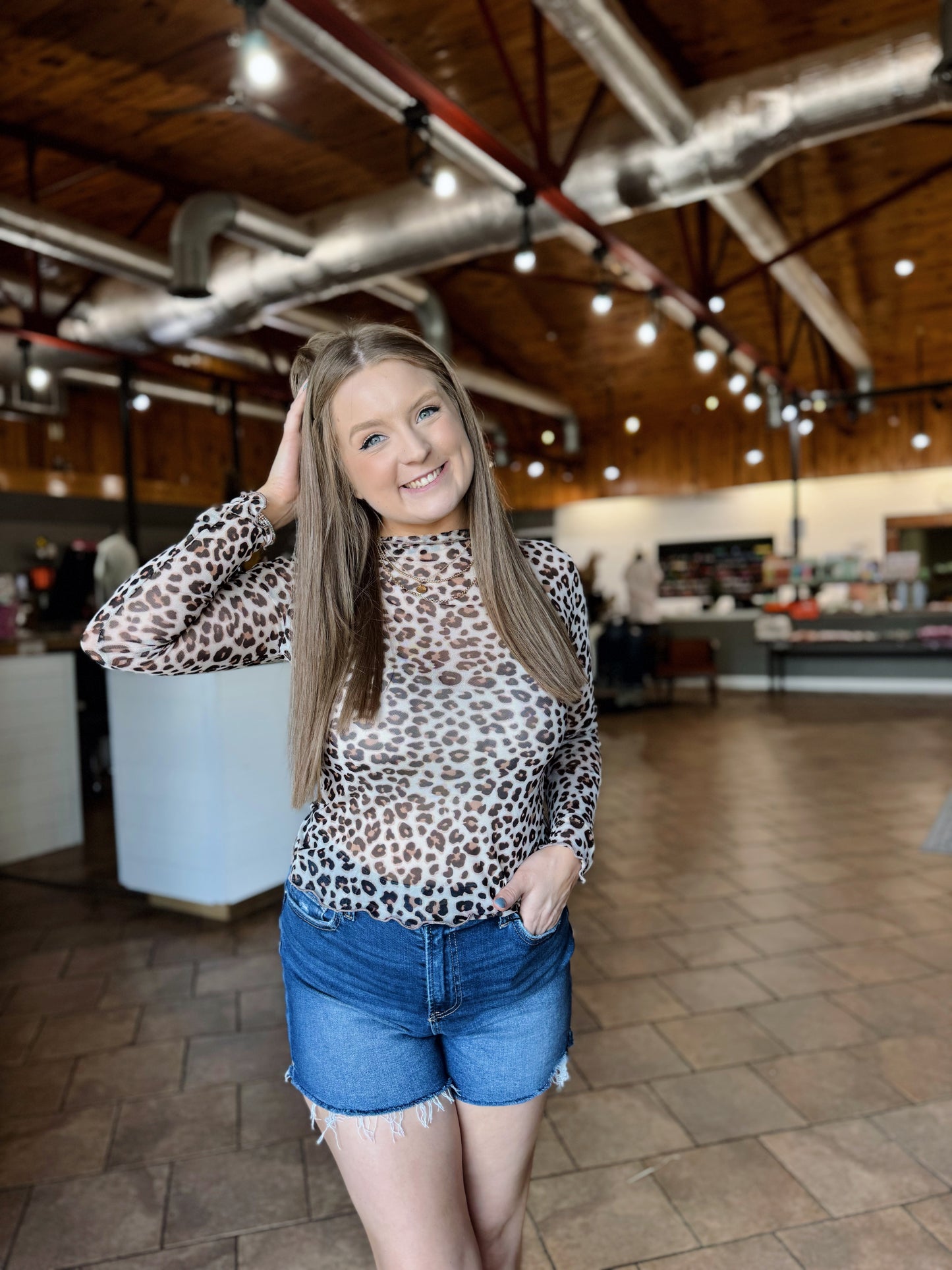 Leopard Mesh Long Sleeve Top