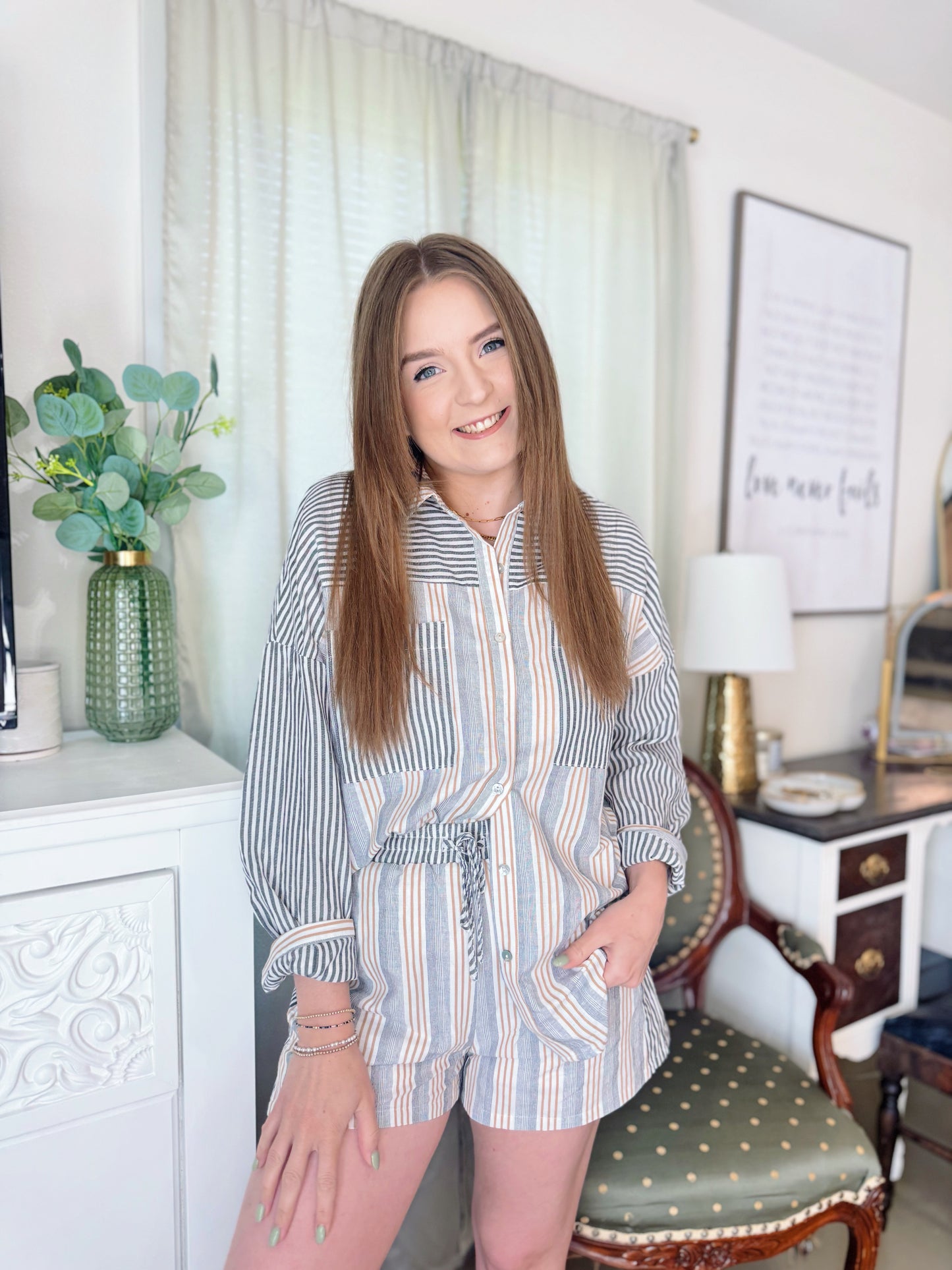 Taupe Striped Button Up Set