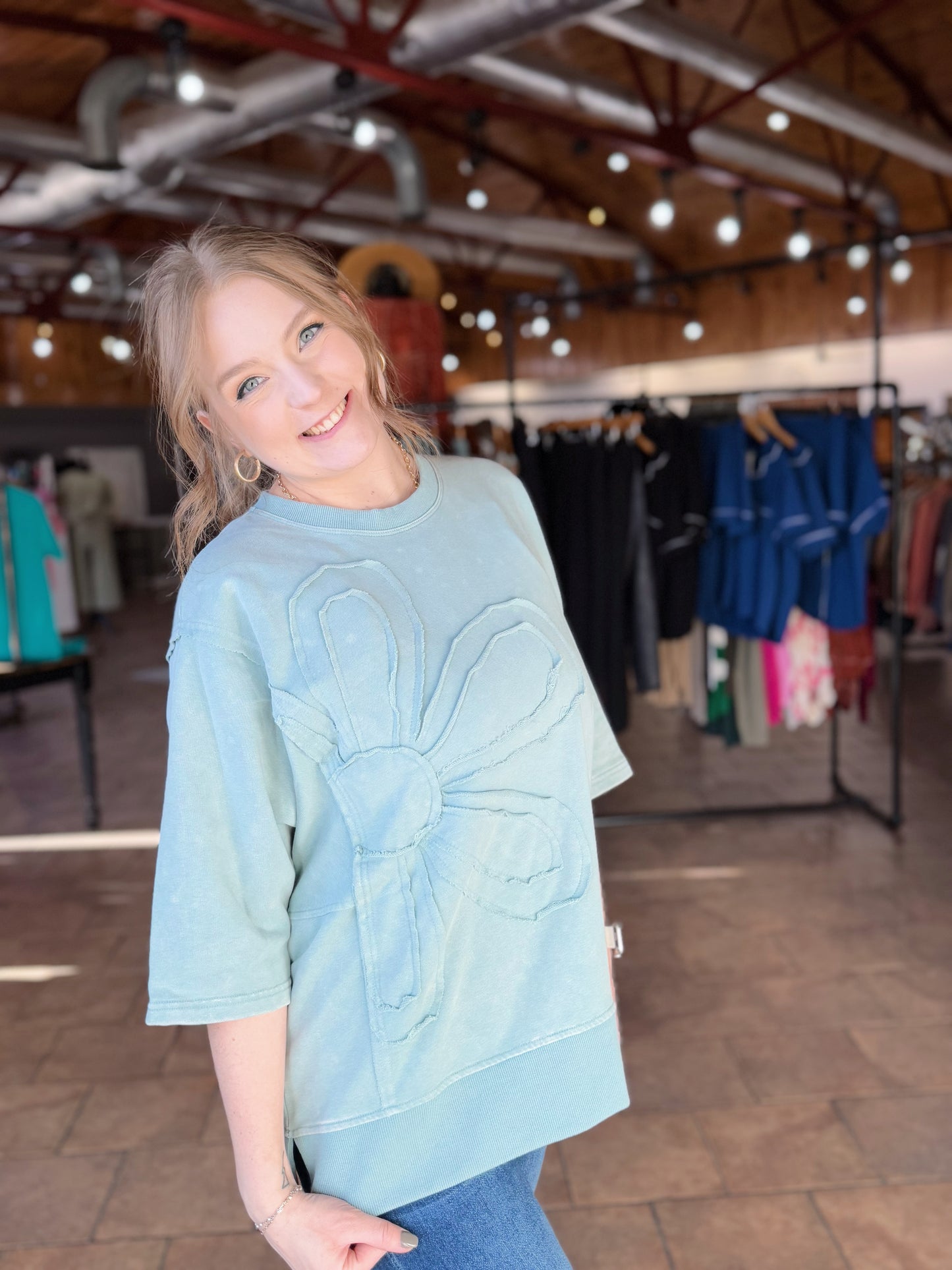 Sage Daisy Embellished Top