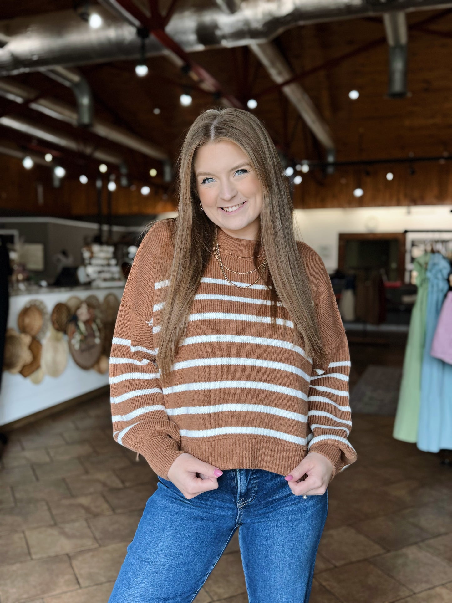 Camel Exposed Seam Striped Sweater