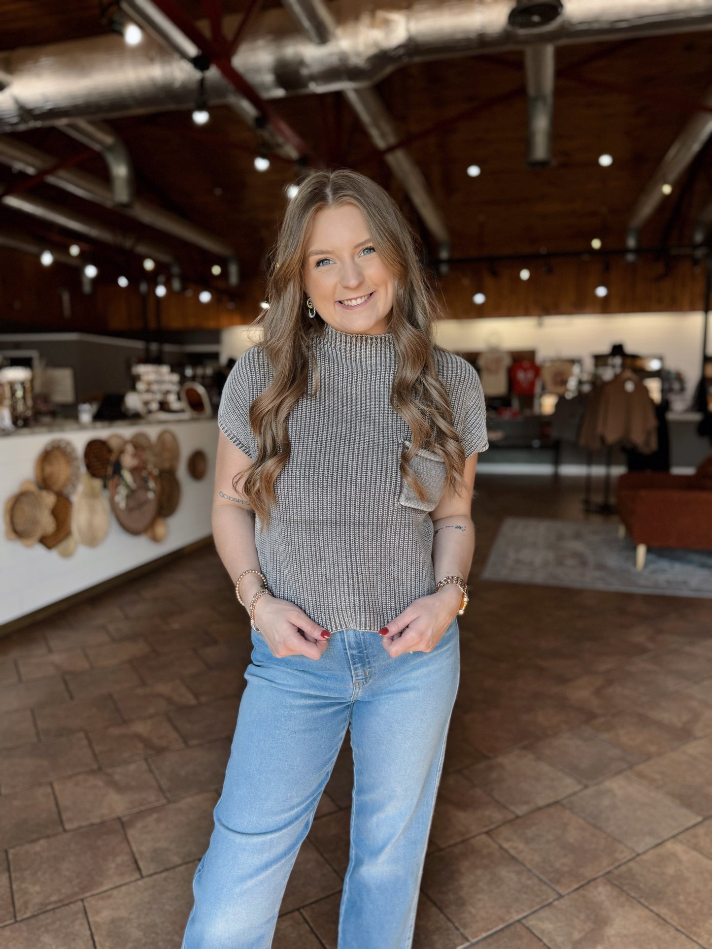Mocha Acid Wash Cropped Sweater Vest