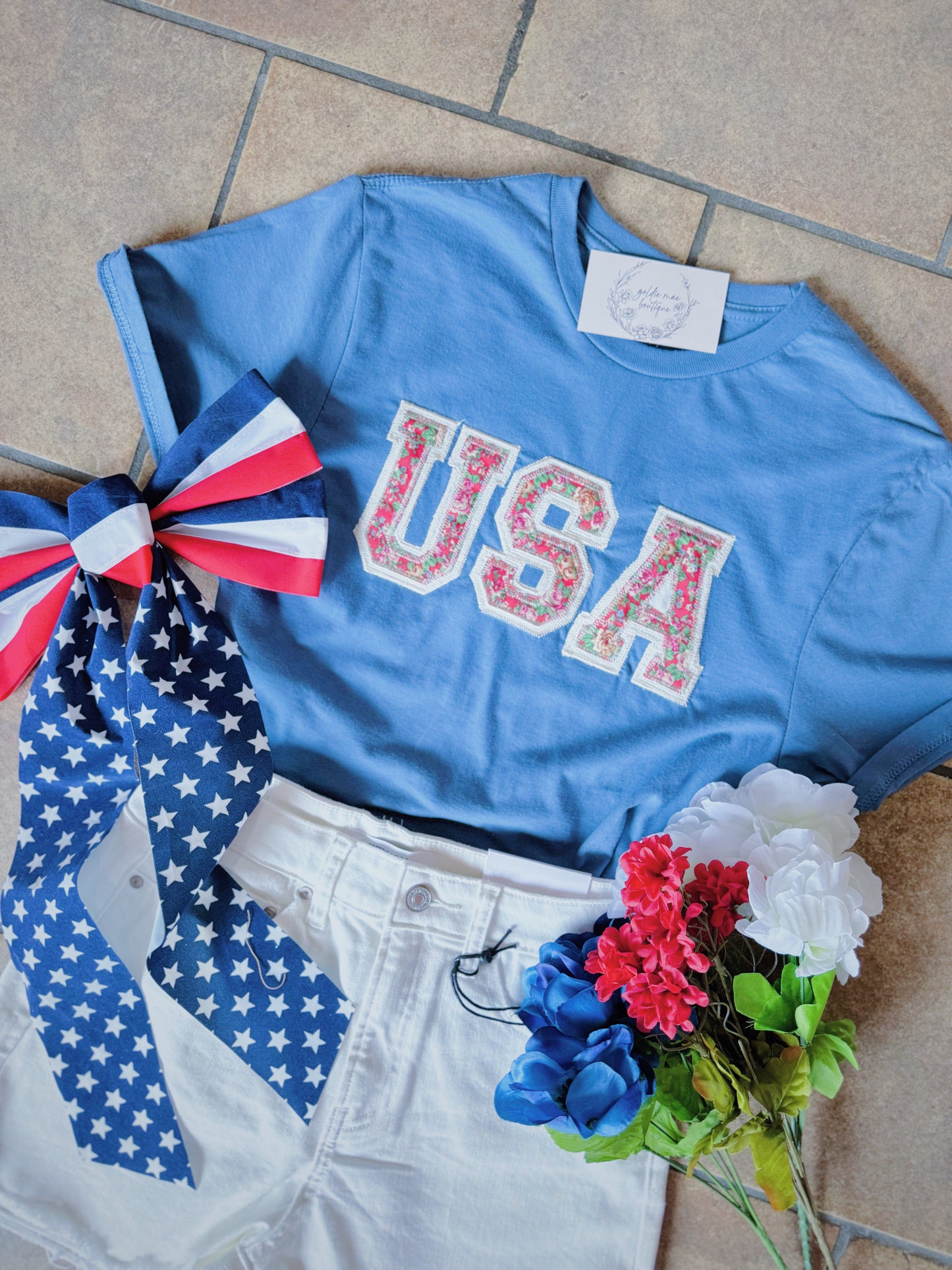 Blue Floral USA Embroidered Tee