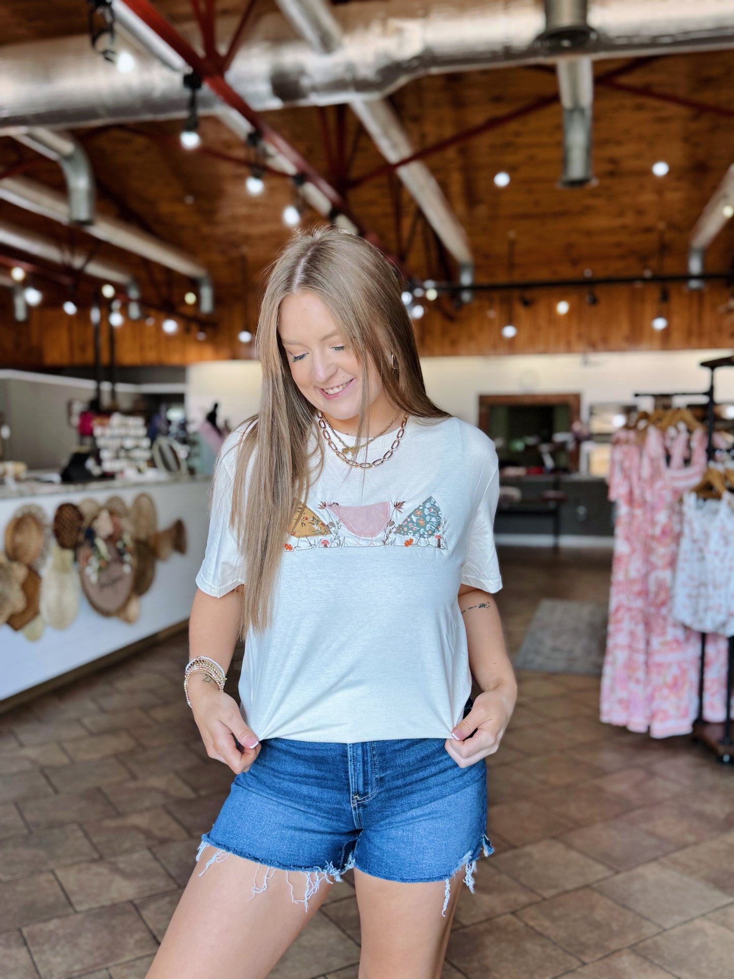 Cream Embroidered Chicken Tee