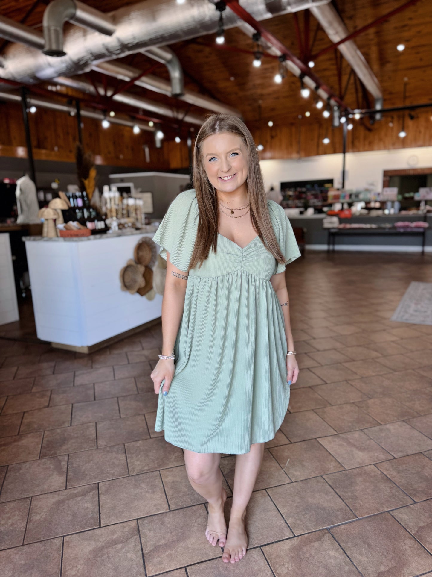 Olive Urban Ribbed Flutter Sleeve Dress