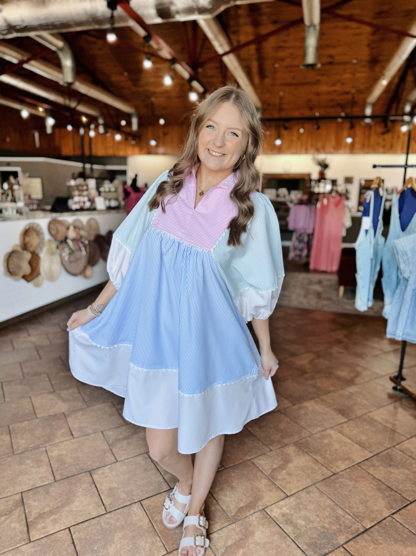 Pastel Color Block Puff Sleeve Dress