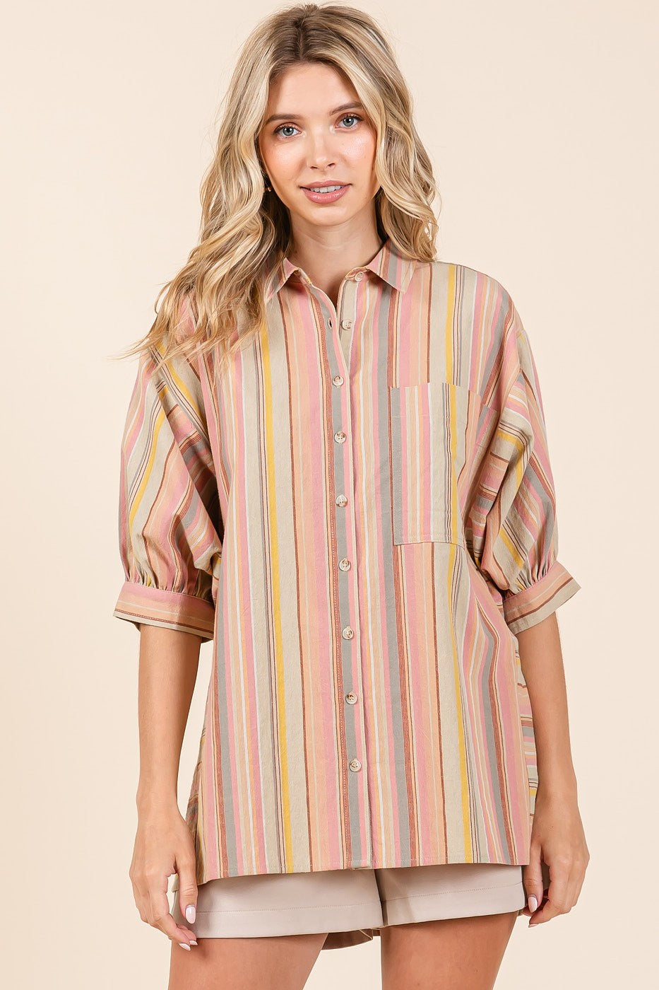 Pink Multi Striped Button Up Top
