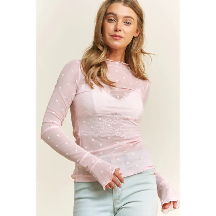 Pink Heart Detail Mesh Top