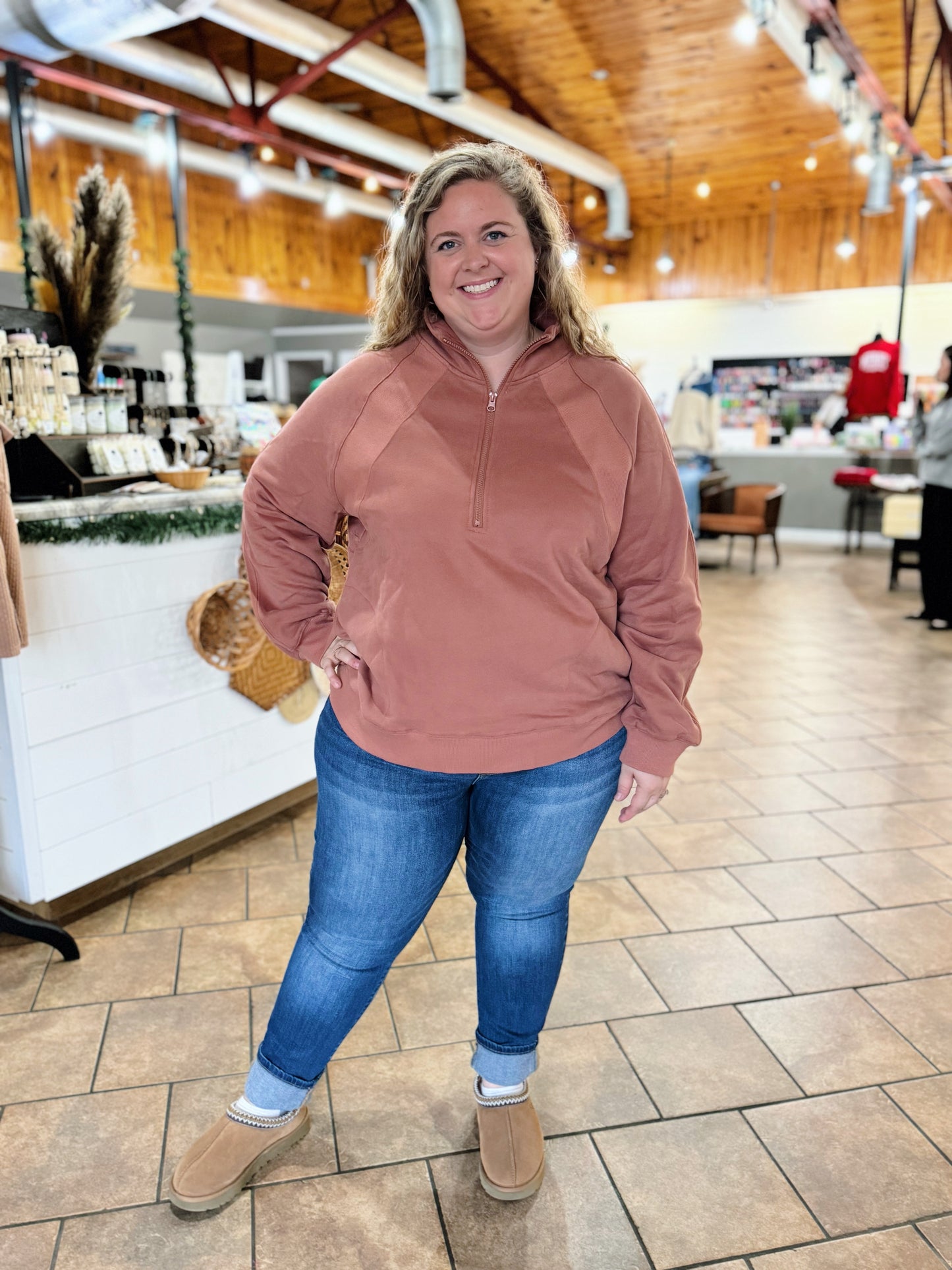 Curvy Mauve Mixed Material Quarter Zip Top