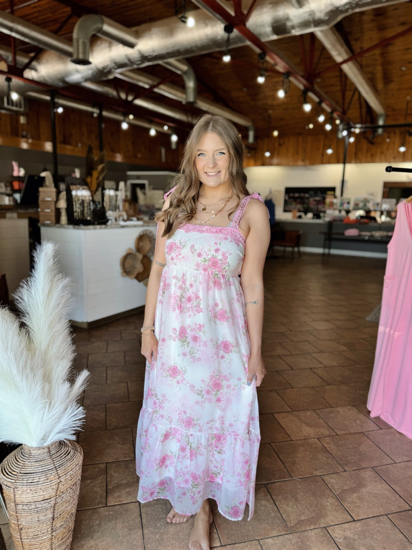 Pink Chiffon Floral Maxi Dress