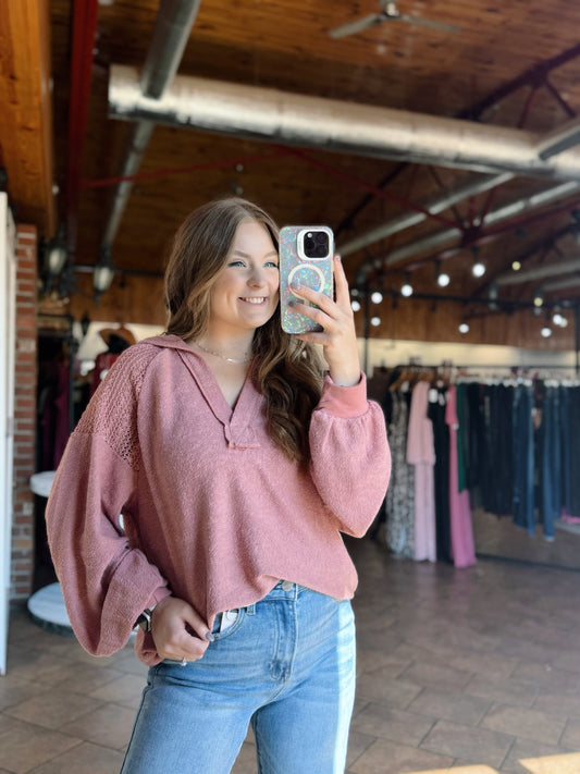 Mauve French Terry Lace Shoulder Top