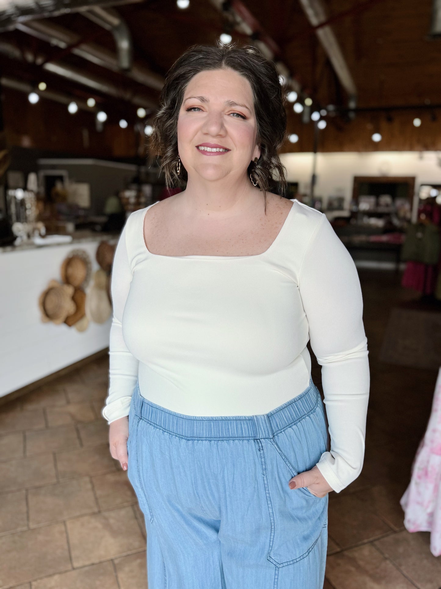 Curvy Square Neck Long Sleeve Basic Top