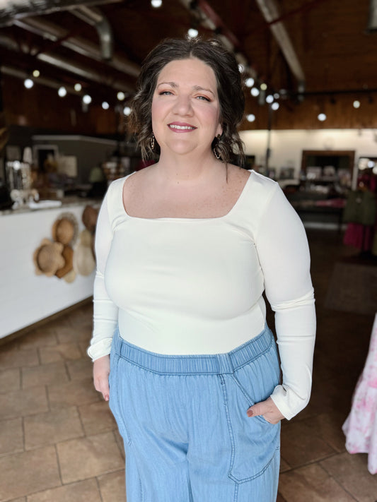 Curvy Square Neck Long Sleeve Basic Top