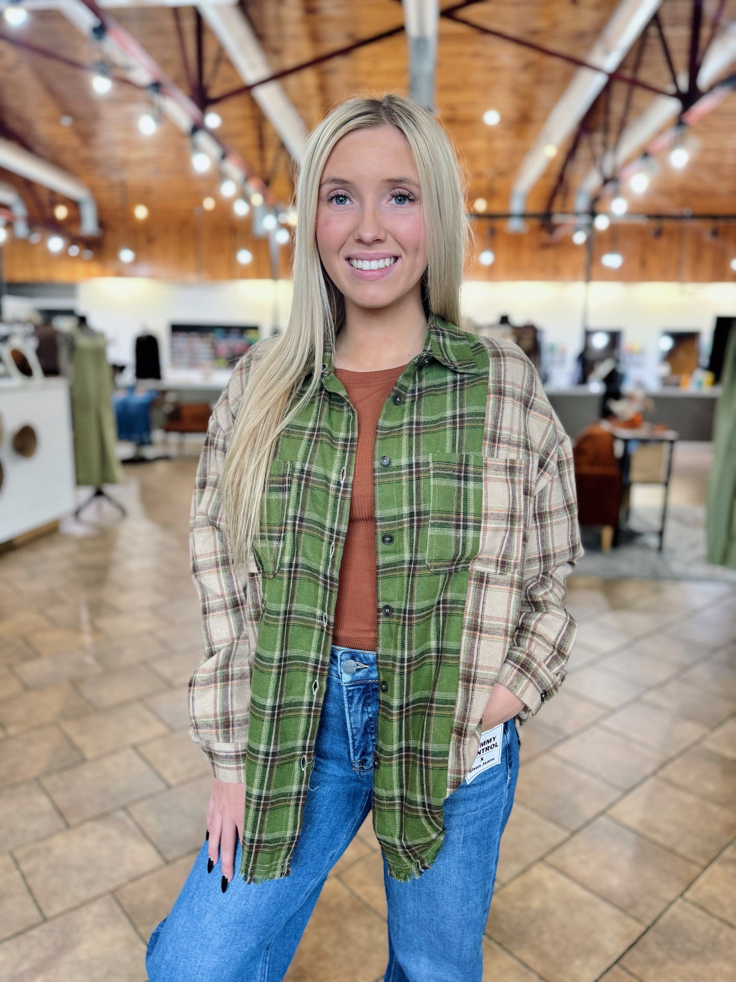 Brown Multi Plaid Contrast Top